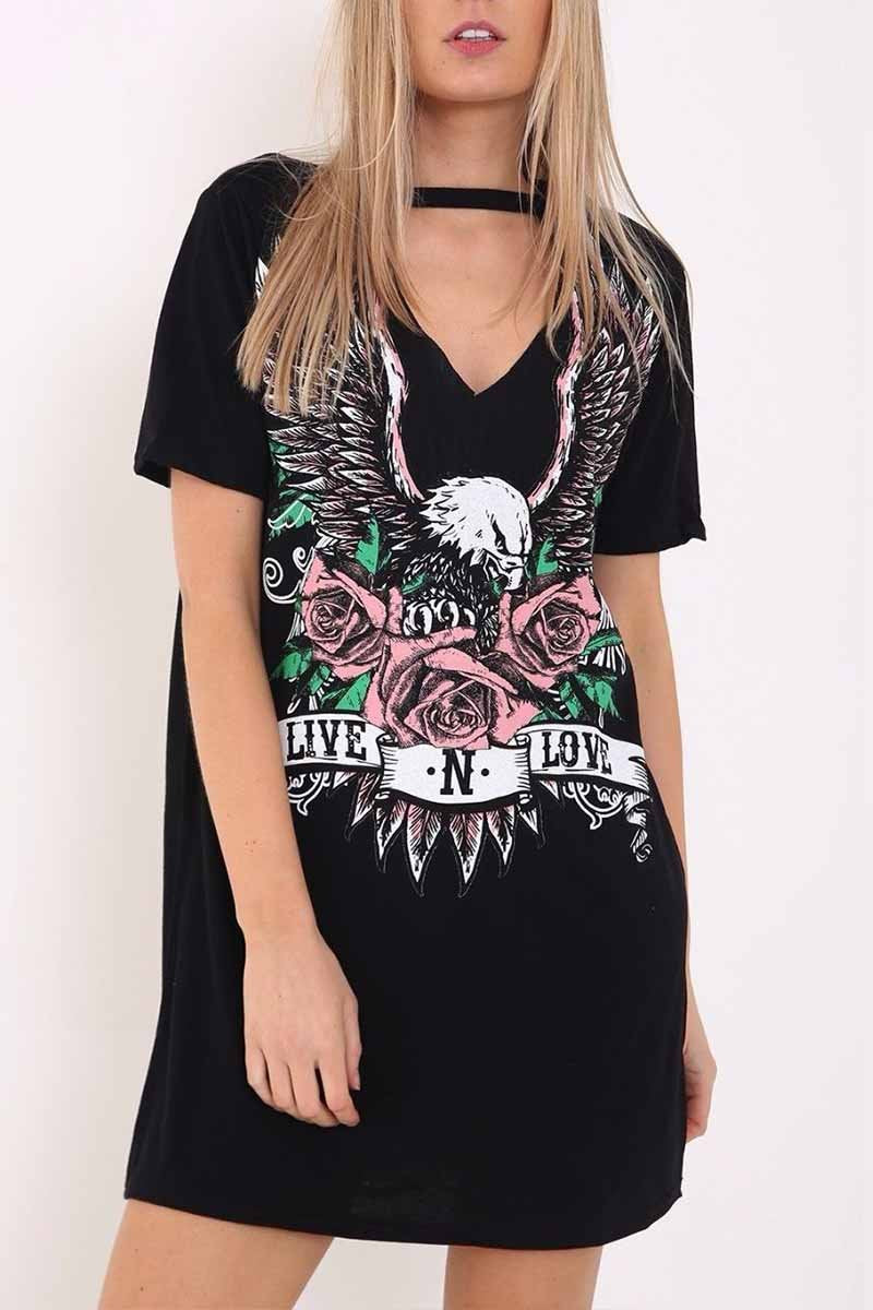 Women's Choker Cutout V-Neck Eagle Printed Short Sleeve Mini Dress