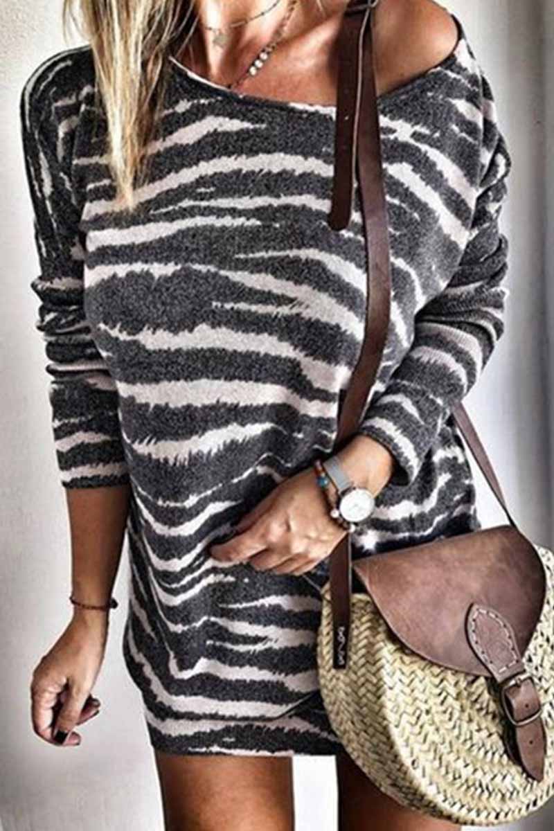 Round Neck Striped Print Off-shoulder Sexy Dress