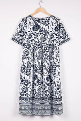 Vintage Printed Midi V-Neck Dress