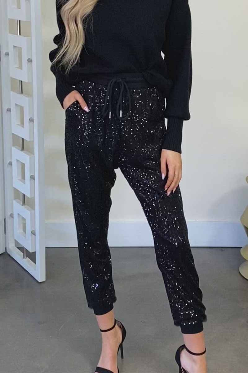 Ruffled High Waist Drawstring Sequined Pants(3 Colors)