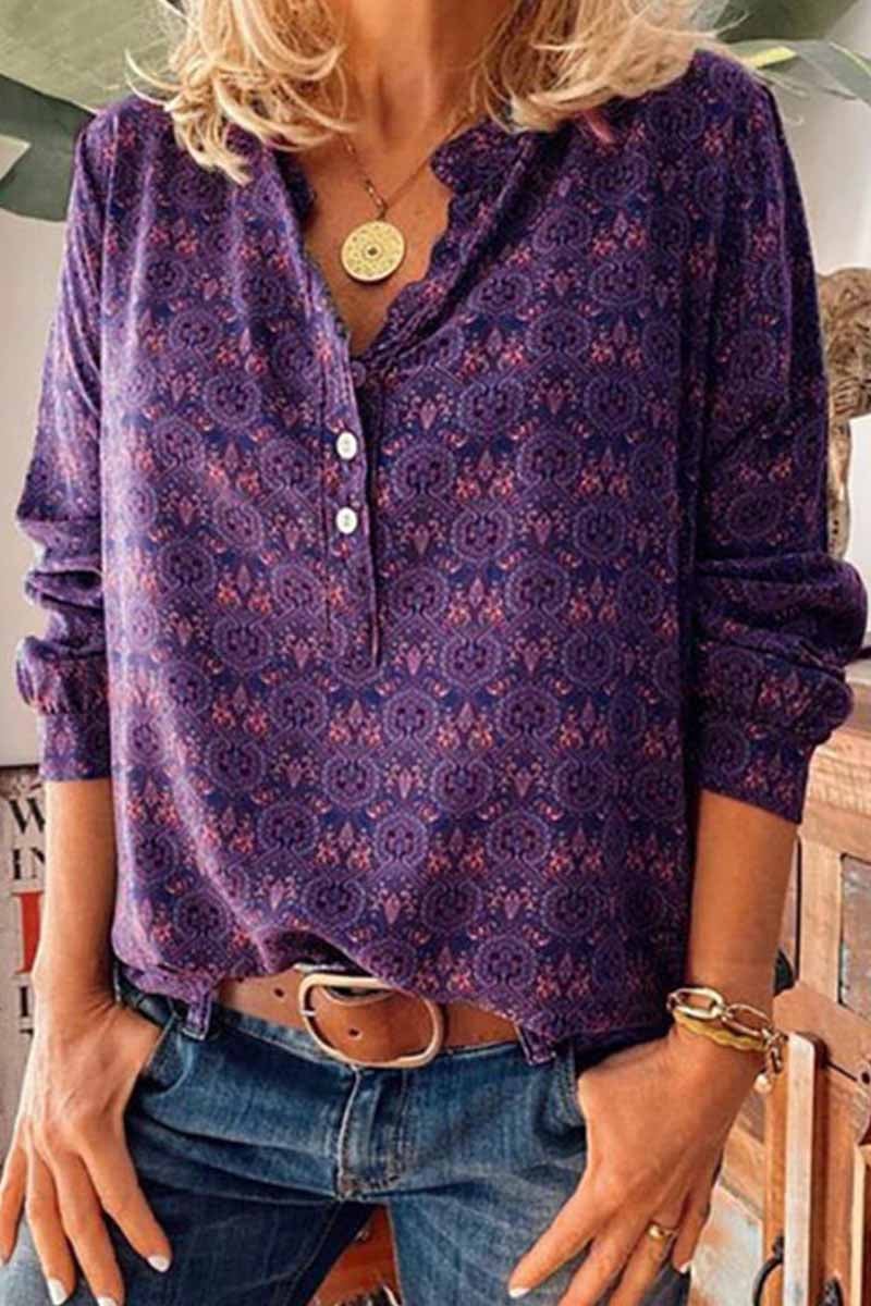 Vintage V-Neck Button Print Shirt(3 Colors)