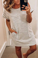 Round Neck Striped Dress With Pocket