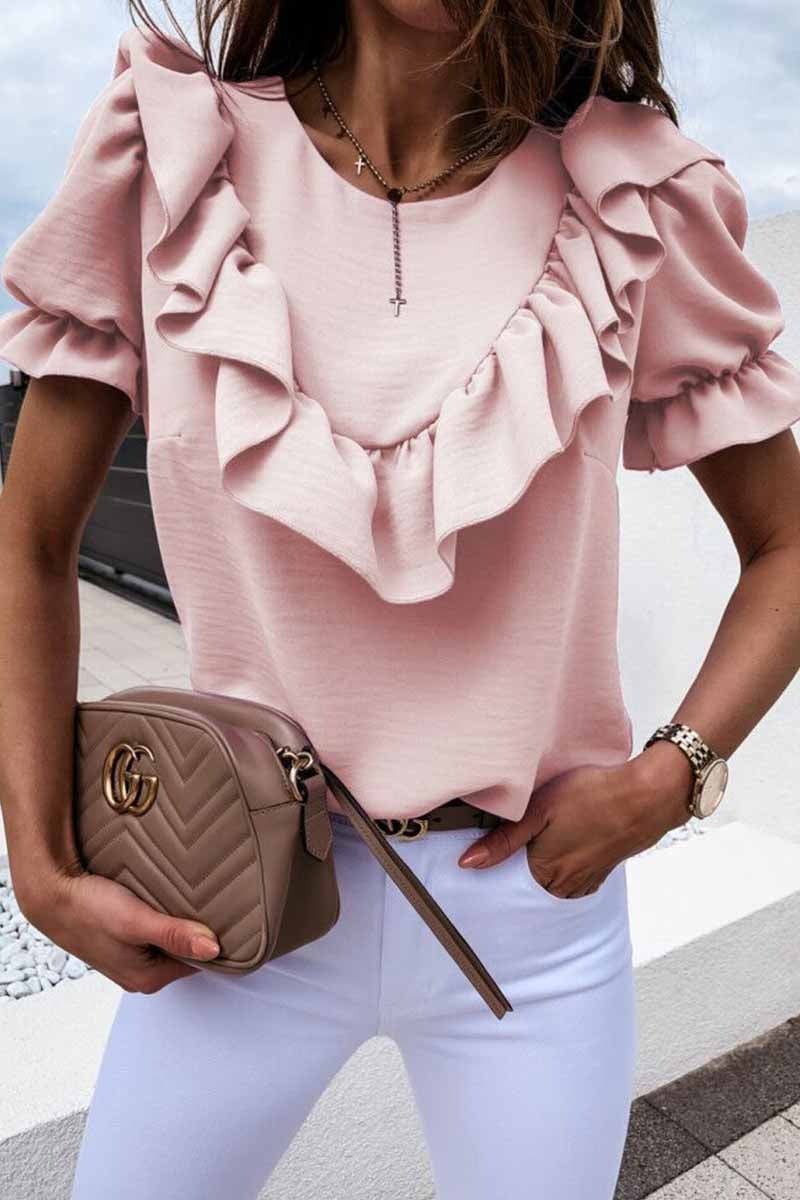 Ruffled Loose Short Sleeves Tops(4 Colors)