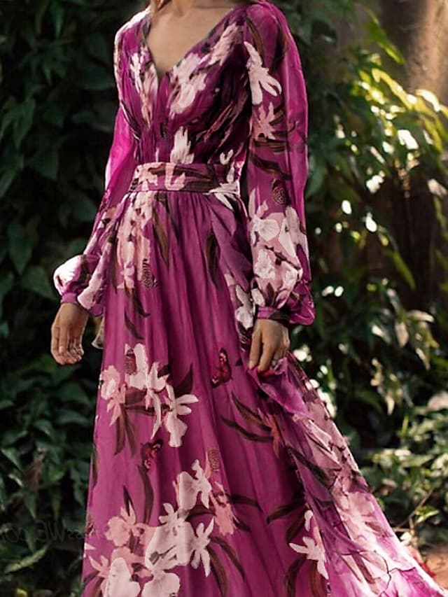 Women's Chiffon Dress Maxi long Dress Purple Long Sleeve Floral Color Block Summer V Neck Holiday Boho 2021 S M L XL XXL 3XL