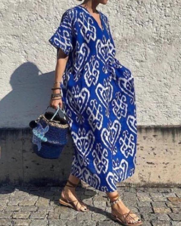 Boho Pattern Print V Neck Maxi Dress