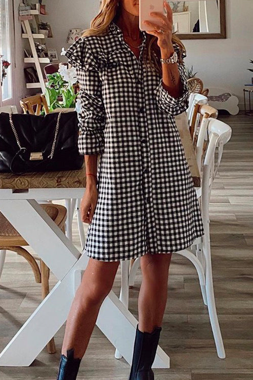 Button Down Ruffle Plaid Shirt Dress