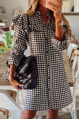 Button Down Ruffle Plaid Shirt Dress