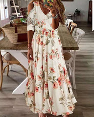 Casual V Neck Floral Print Long Dress