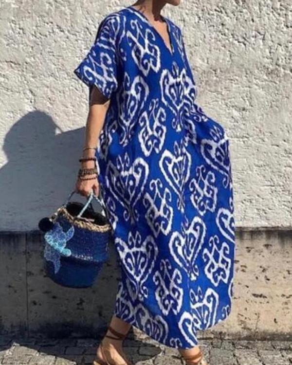 Boho Pattern Print V Neck Maxi Dress