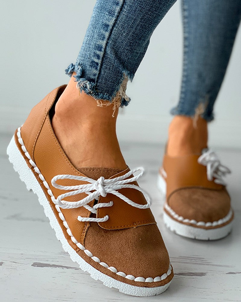 Colorblock Lace-up Casual Slip-On Flats