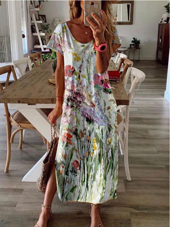 Casual Art Oil Painting Floral Round Neck Short Sleeve Hem Slit Long Dress