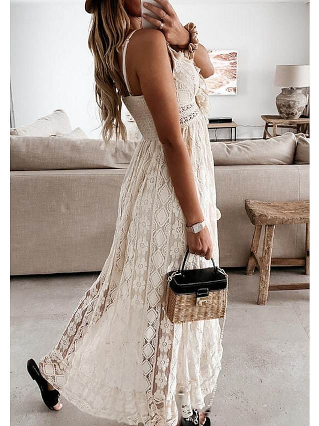 Women's Swing Dress Maxi Long Dress White Beige Sleeveless Solid Color Embroidered Lace Spring Summer V Neck Casual Boho Beach Lace 2021 S M L XL XXL