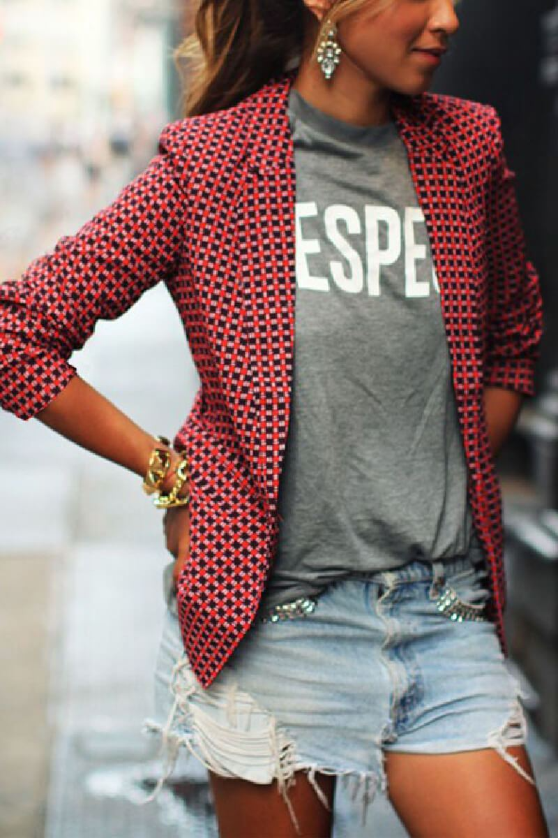 Casual Red Plaid Lapel Blazer