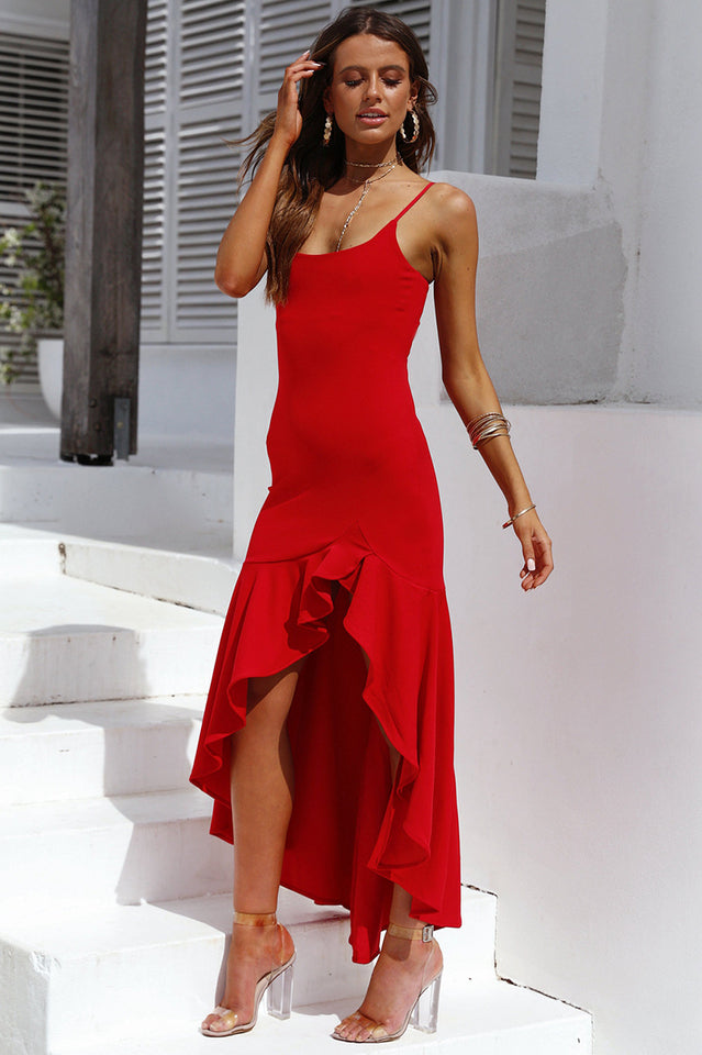 Ruffled Hem Strap Sleeveless Prom Dress