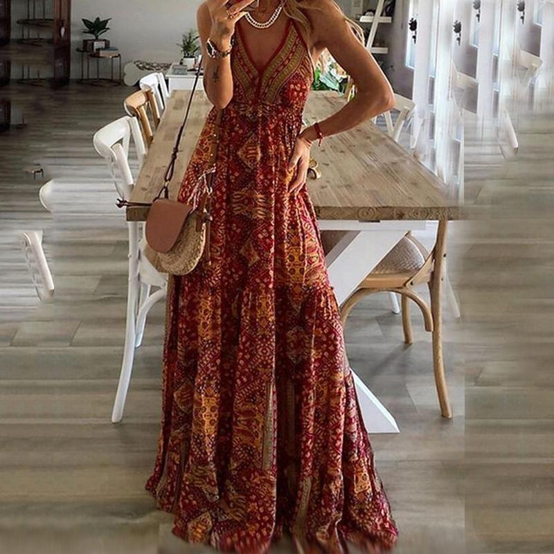 Bohemian V-Neck Sling Maxi Dress