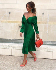 Women's A Line Dress Knee Length Dress Green Long Sleeve Solid Color Ruched Summer V Neck Hot Sexy S M L XL