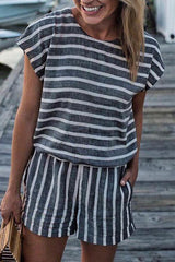 Round Neck Stripe Short Sleeve Contracted Style Romper