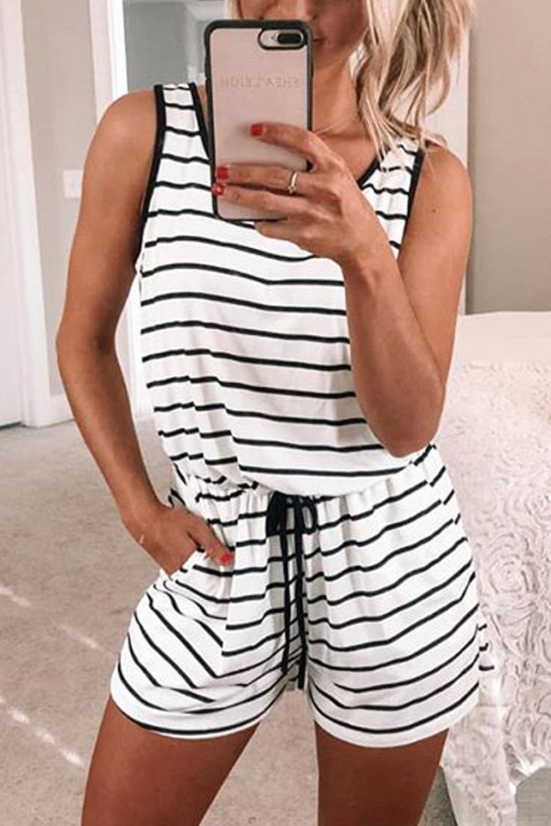 Plus Size Striped Drawstring Romper