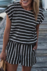 Round Neck Stripe Short Sleeve Contracted Style Romper