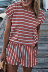 Round Neck Stripe Short Sleeve Contracted Style Romper