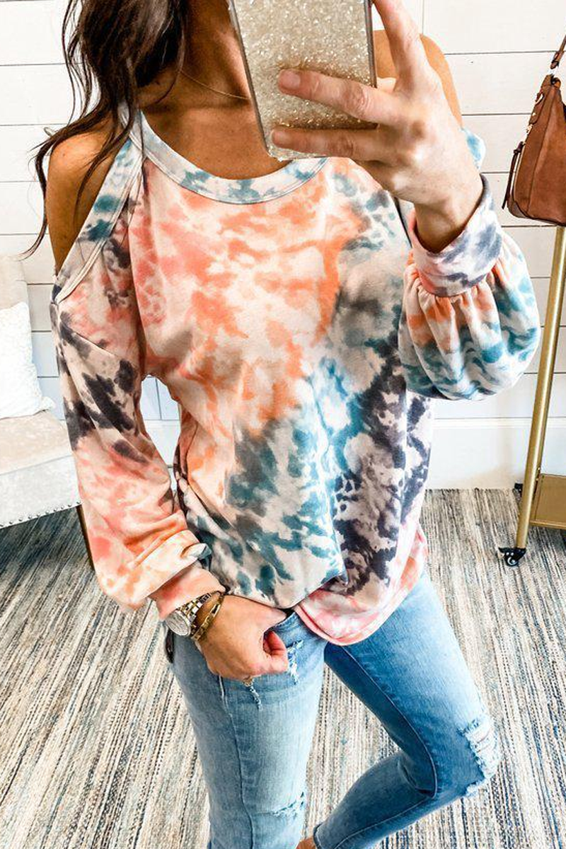 Tie Dye Cold Shoulder Long Sleeve T-Shirt