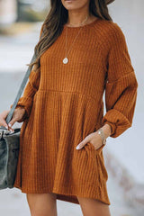 Round Neck Knitted Solid Color Mini Dress