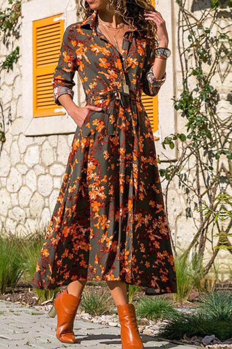 Printed Long Sleeve 4 Colors Midi Dress