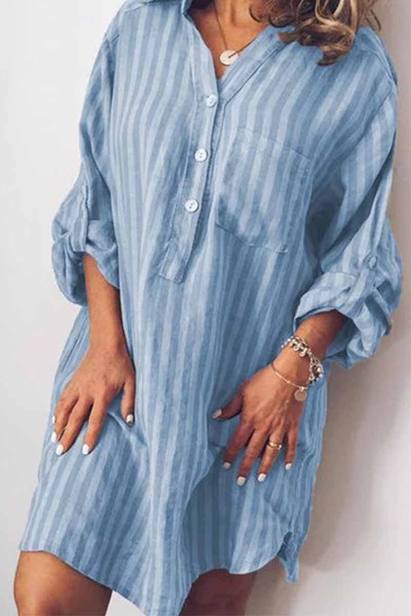 Printed Striped Long Shirt Mini Dress(6 Colors)