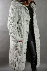 Button Down Cable Knit Long Thick Cardigan