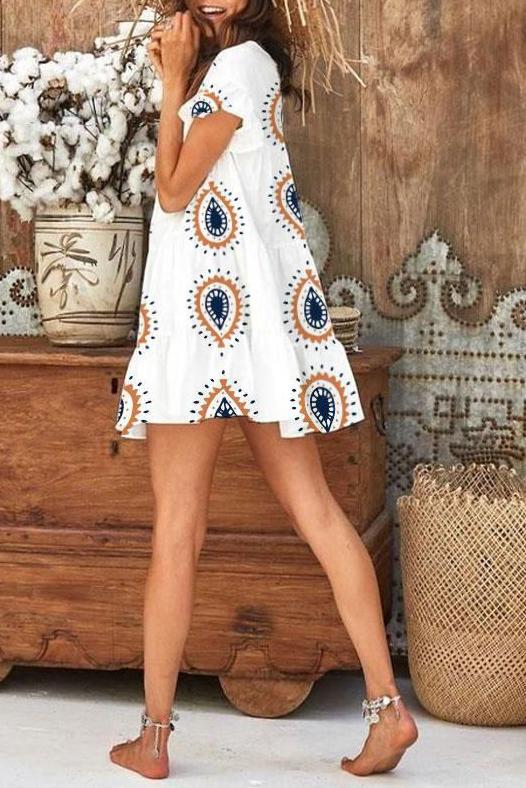 Scoop Neck Ruched Sleeve Print Dress