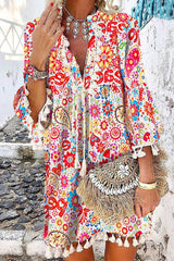 Bohemian Printed V-Neck Tassel Dress