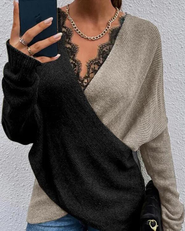 Color Contrast Cross Lace V Neck Sweater