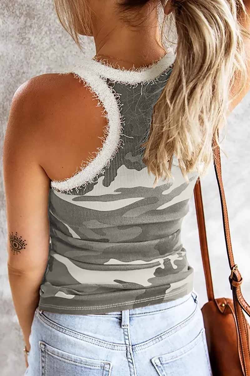 Camouflage Stitching Plush Neckline Tops(3 Colors)