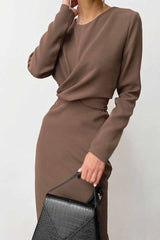 Fashion Long Sleeve Waist Midi Dress(4 Colors)