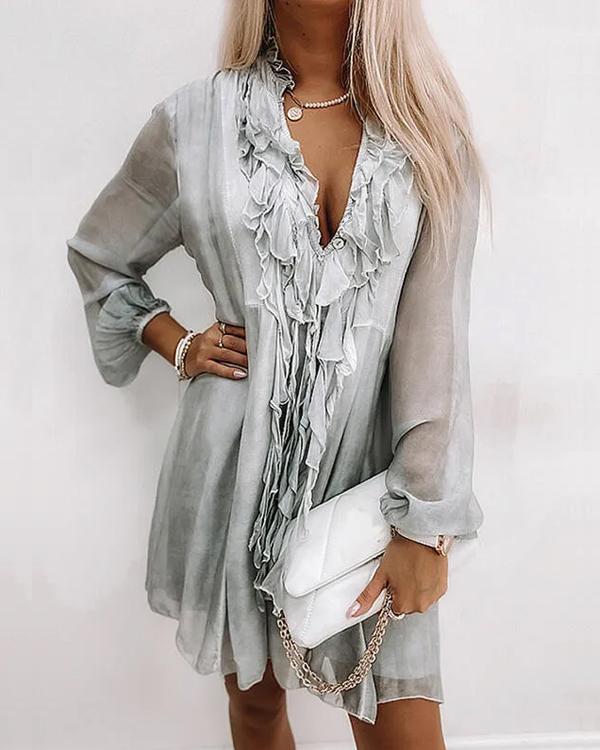 Ruffle Silk Tassel V Neck Chiffon Dress