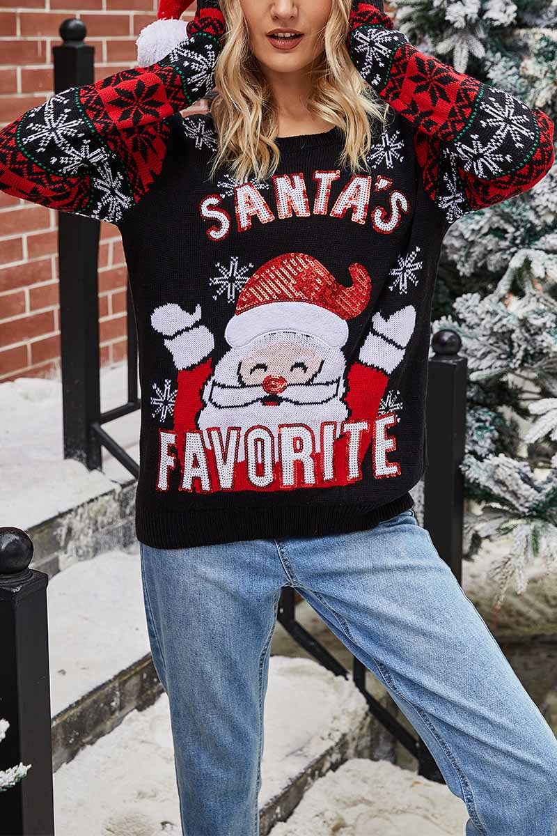 Santa Embroidered Round Neck Knitted Sweater