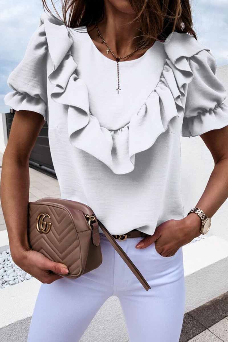 Ruffled Loose Short Sleeves Tops(4 Colors)