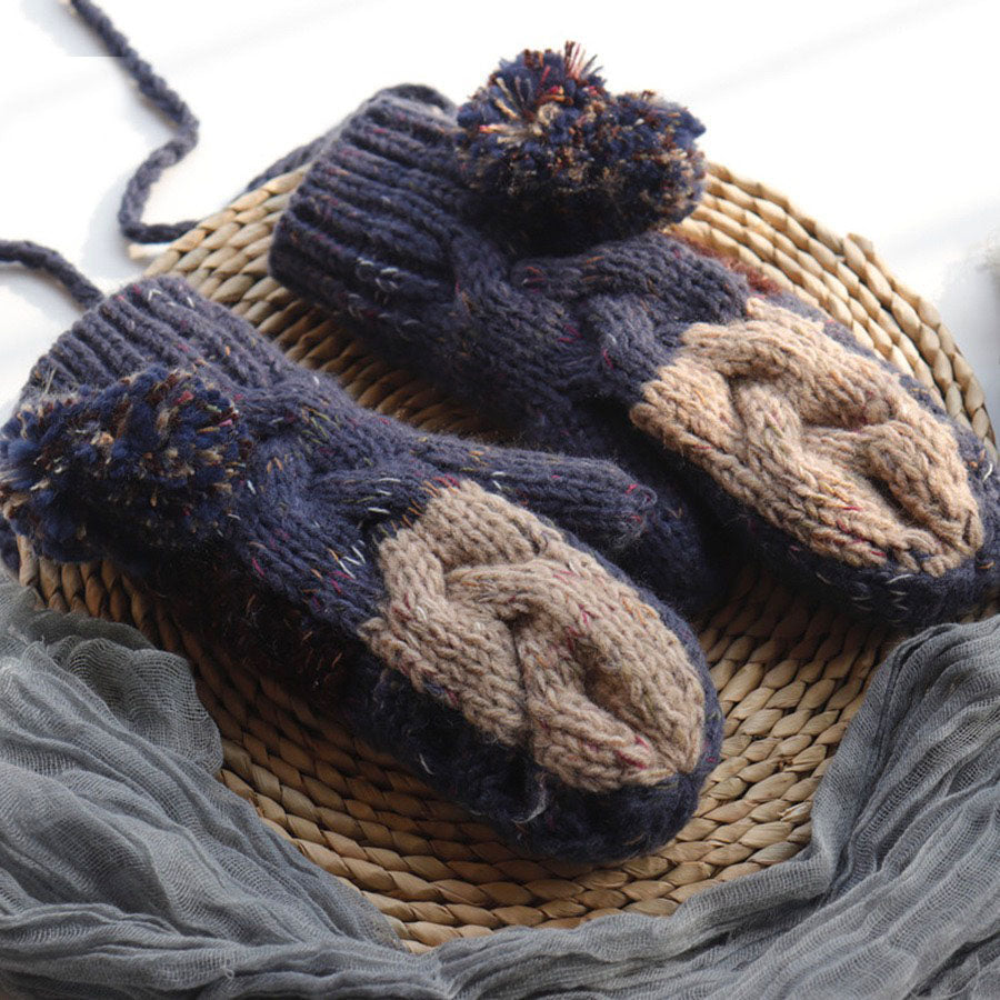 Color Block Hairball Thinsulate Mittens with String