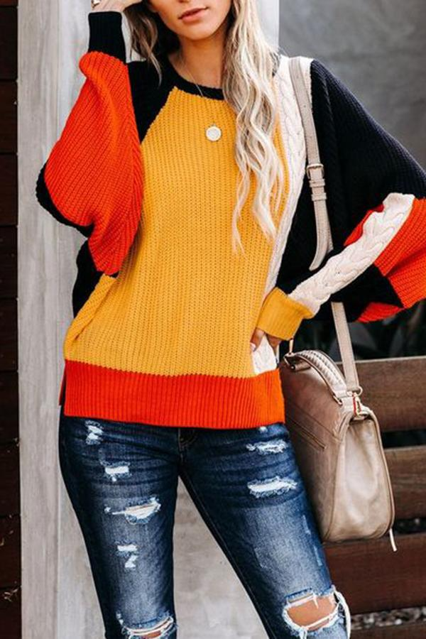 Color Patchwork Round Neck Sweater