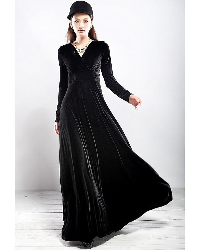 Women's Sheath Dress Maxi long Dress Black Purple Wine Green Royal Blue Long Sleeve Solid Colored V Neck Hot Velvet S M L XL XXL 3XL / Plus Size