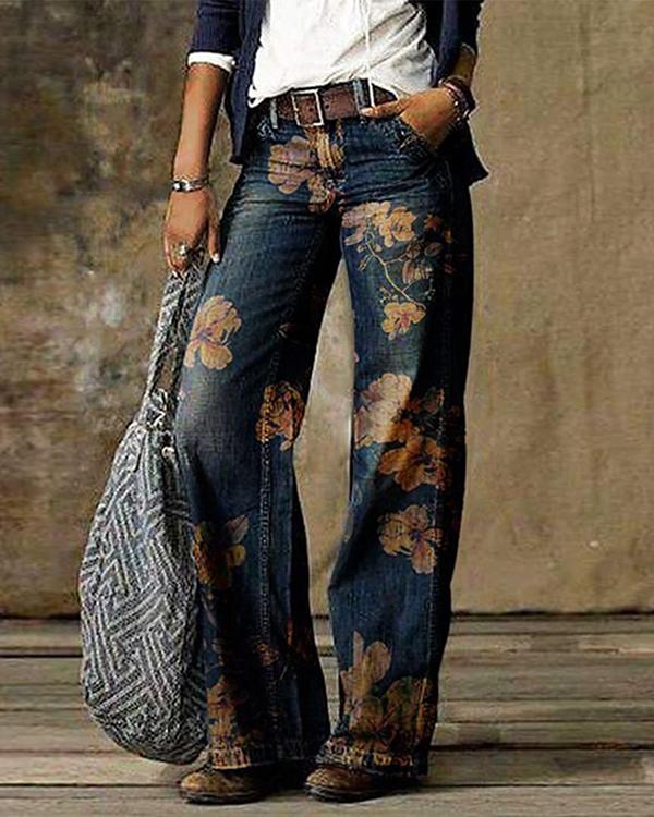 Blue Floral Casual Print Pants