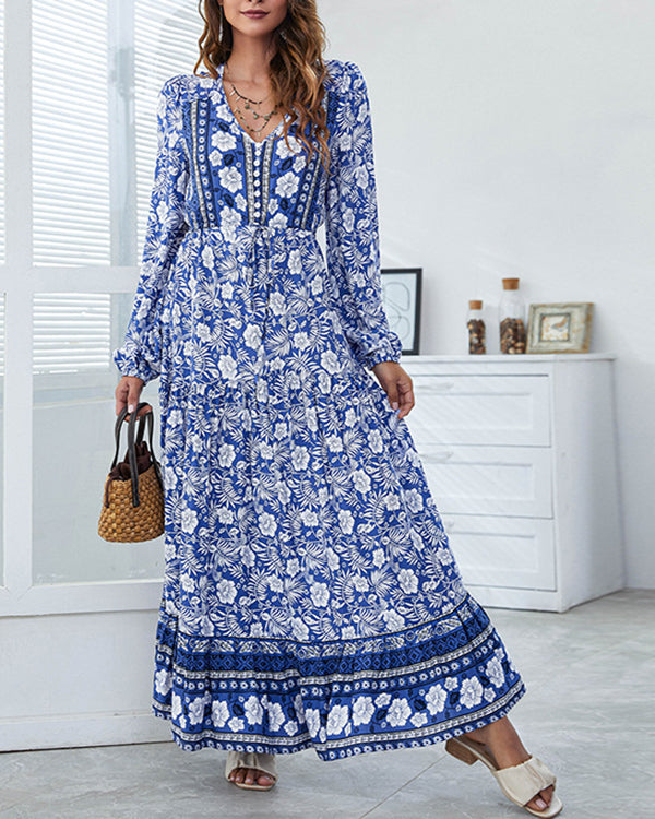 Casual Vintage Boho V-Neck Print Dress