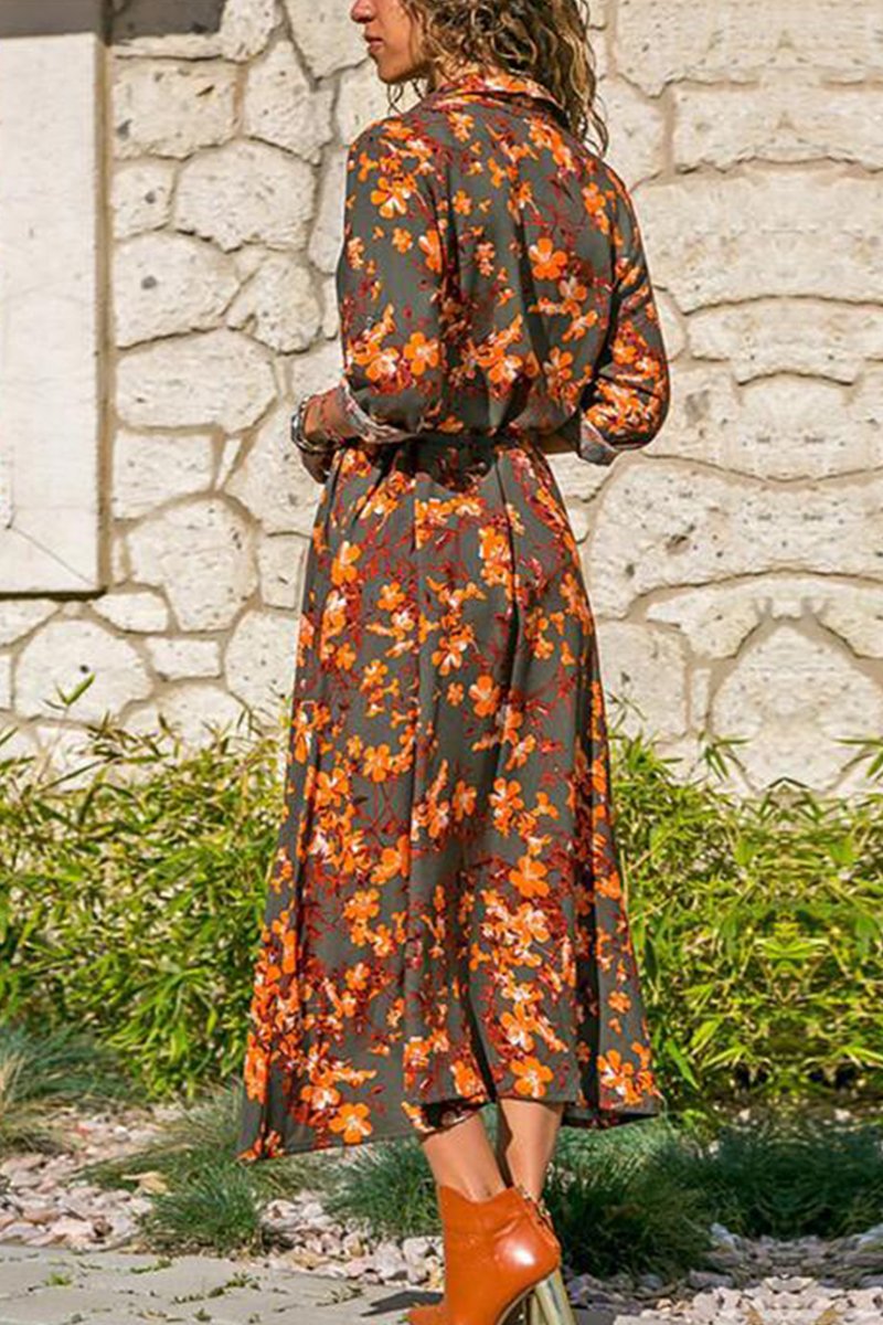 Printed Long Sleeve 4 Colors Midi Dress