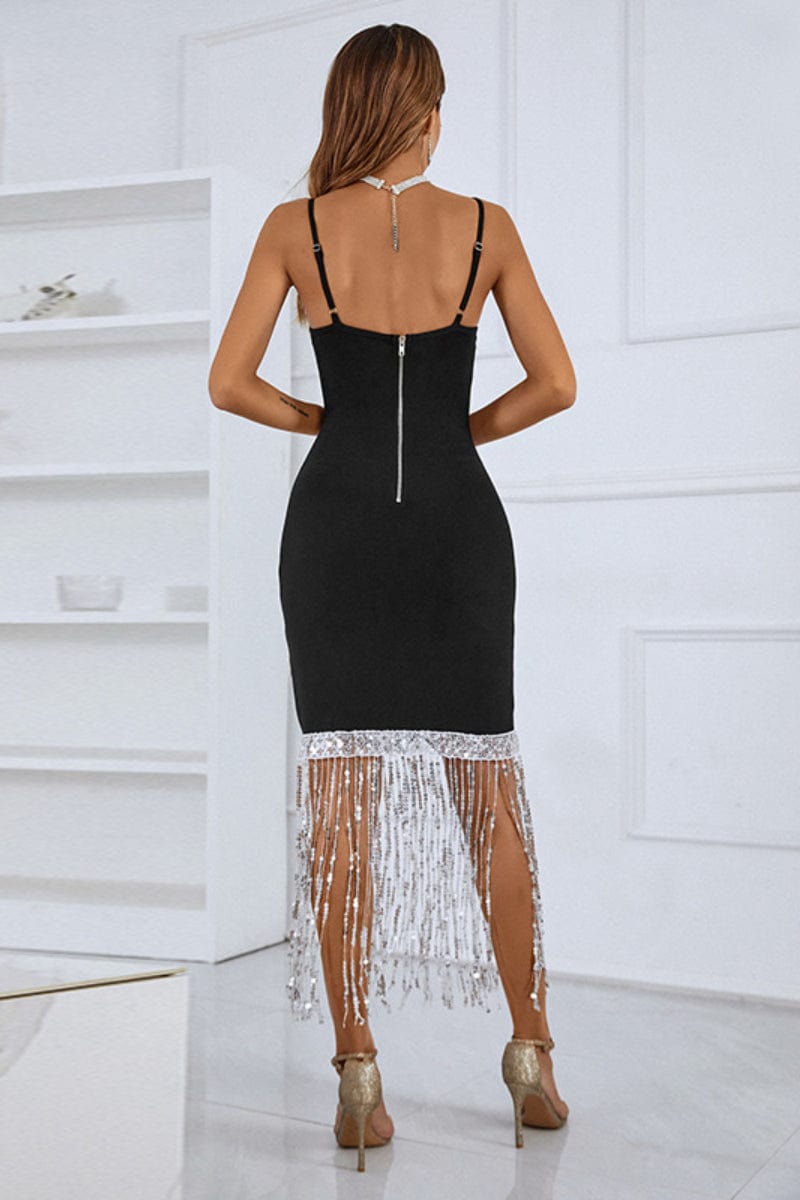 Hara Crystal Fringe-Embellished Midi Bandage Dress