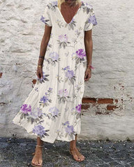 Casual Vintage Print Loose V-Neck Short Sleeve Maxi Dress