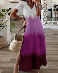 Casual Vintage Gradient Short Sleeve V-Neck Maxi Dress