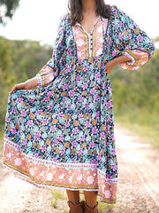 Vintage Casual Vacation Boho V-Neck Print Dress S-5XL