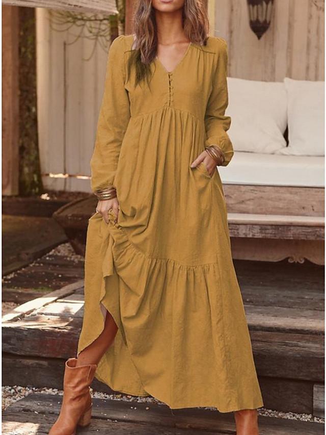 Women's Maxi Shift Dress - Long Sleeve Solid Color V Neck Loose Yellow Royal Blue Light gray Brown Light Blue S M L XL XXL XXXL