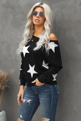 Fashion Five-pointed Star Print Round Neck Black Sweatshirt