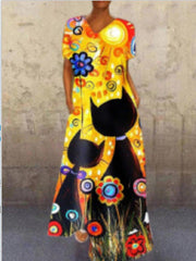 Retro Portrait Cat V-neck Multicolor Four-sided Elastic Dress